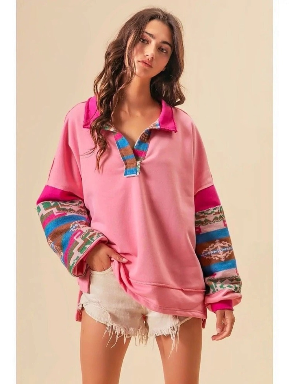 Bibi Pink Aztec Sleeve Sweatshirt Top XL NWT
